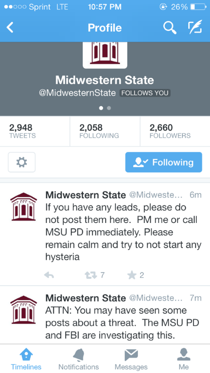 The two tweets sent from the Midwestern State University Twitter page about the shooting hoax that were later deleted.