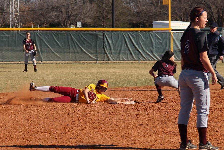 In the game against Oklahoma Christian on Feb. 13, MSU was defeated 8-10. Haley Howerton, Undecided Sophomore, makes it to second after a hit. Photo by Mirae Duncan