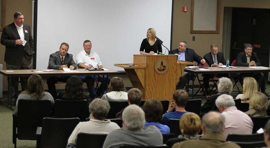 Candidates for county commission present their platforms at a forum Feb. 25. Photo by Lauren Roberts.