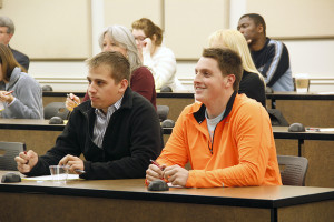 Logan Spidell, senior in criminal justice, and Preston Franks, senior in phycology, attended the Graduate School Open House information night that was held in Dillard College of Business Administration, room 189, on Feb. 25. Spidell said, “My advisor suggested me to come to get more information about how the university could help me choose my career pathway.” Franks said, “I think being a forensic physiologist for the FBI would be pretty cool but I am still open for other options.”