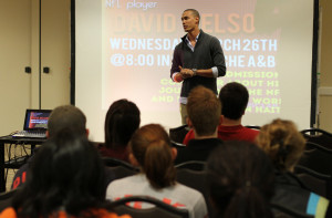 David Nelson, New York Jets wide receiver, gives a talk on his journey knowing God and his missionary work in Haiti in the Clark Student Center Comanche suite March 26.Photo by Lauren Roberts