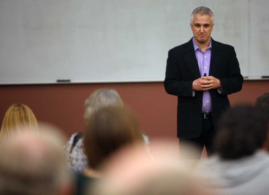 Peter Boghossian, philosophy instructor at Portland State University, speaks to a full house in Dillard 101. "It doesn't take faith to say 'I don't know.' It takes humility," Boghossian said in his lecture.