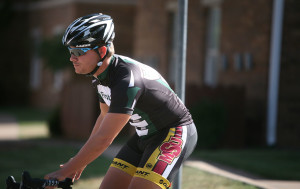 Anthony Sequera, a senior in management, rides with MWSU cyclists around campus. Photo by Bradley Wilson