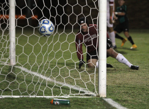Goalkeeper Nick Petolick, business management junior, watches as the ball sails past him into the net at the match against Eastern New Mexico on Monday, Oct. 27, 2014, at the campus soccer field. Photo by Lauren Roberts
