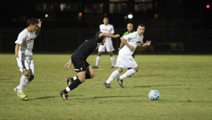 Andrew Power, business senior, attempts to get the ball from a Southwestern Christian University offensive player at the soccer game Oct. 21. MSU beat Southwestern Christian University 4-0. Photo by Rachel Johnson