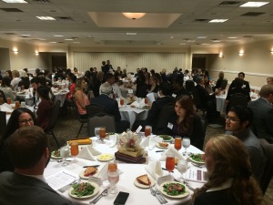 More than 100 students attended the sold-out business etiquette dinner Oct. 18 hosted by the Career Management Center and the Dillard College of Business Administration. Photo by Ethan Metcalf.
