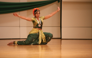 Pragna Vemuri, a graduate student in computer science, dances "Kuchipudi" at the "Journey of India" — Diwali — festival in Akin Auditorium, Oct. 17, 2014. Photo by Sam Croft