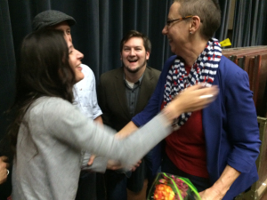 Theater graduates Brette Rector, Chris Rector and Time Doyle congratulate Laura Jefferson, associate theater professor, after the Oct. 11 announcement of the Laura Jefferson Acting Scholarship. Photo by Ethan Metcalf