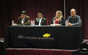 Panel: Justice, Injustice, Progress and Protest event in the Clark Student had a panel including; Nathan Jun, associate professor of philosophy, Newman Wong, research analyst, Linda Veazey, assitant professor political science, and Richard Smith, deputy chief Wichita Falls Police Department, and had 17 people in attendance. Photo by Rachel Johnson
