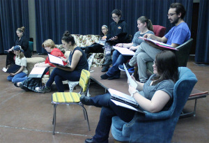 The cast for the play, 'The Vagina Monologues', besides a few that were missing for various reasons, rehearse for the first time together to block with a set on Sunday morning, February 1. Photo by Rachel Johnson