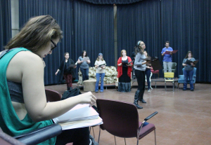 Leanne Ottaviano, theater acting/directing senior, helps direct the cast as they have their first rehearsal all together for blocking on Sunday morning, Feb. 1, for the play, 'The Vagina Monologues.' Photo by Rachel Johnson