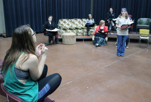 Leanne Ottaviano, theater senior, directs the cast of 'The Vagina Monologues' at its first rehearsal as a group Sunday morning, February 1. Photo by Rachel Johnson