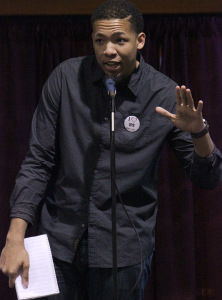 Brett Lincoln, mass communication junior, performs two poem at the UPB Poetry Night, featuring ODD?ROD, held in the Atrium of the Clark Student Center on Thursday Feb. 26, 2015. Over 100 students were in attendance for this Balck History Month event. Photo by Rachel Johnson