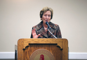 A candidate for the presidency of MWSU, Suzanne Shipley, now president of Shepherd University, answers questions at a forum Feb. 24. Photo by Rachel Johnson.