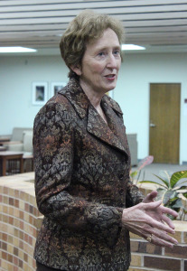 Suzanne Shipley, president elect for MSU, answers questions from reporters before her candidate forum Feb. 24. The Board of Regents officially hired her March 31 and moved her start date to Aug. 8. Photo by Rachel Johnson.