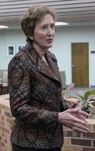 Suzanne Shipley, former president of Shephard University and future president of MSU, answers questions from reporters before a forum Feb. 24. Photo by Rachel Johnson