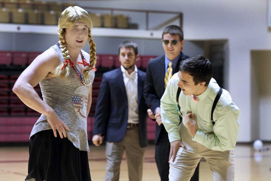 Hunter Wolf, a Kappa Alpha member and a biology sophomore, and Tristen Cunningham, management information systems freshman, perform a dance to Fergalicious by Fergie at the Mr. MSU Male Pageant in D.L. Ligon Coliseum. Entry required a package of diapers for entry, April 14, 2015. File photo by Francisco Martinez