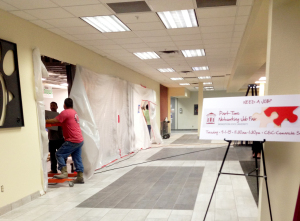 Workers put the final touches on the remodeled food court in the Clark Student Center on Aug. 12. Photo by Morgan Haire.