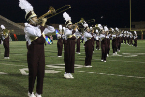 The Golden Thunder Band does a special tribute to the band Queen as their second performance in their first halftime show of the season at Memorial Stadium, Sept. 5. Photo by Rachel Johnson