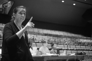Karen Dabney, theatre director, gives notes to the cast during rehearsal on Sept. 22. Photo by Gabriella Solis.