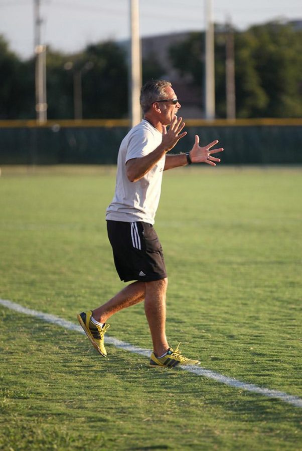 Head mens soccer coach Doug Elder, yells at the goalie after missing the ball,allowing the opponent to score at the game on Sept 10, 2015. MSU beat Southern Nazarene 8-1, making it the 222nd win for Elder, a new record. Photo by Rachel Johnson
