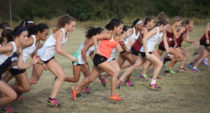 MSU's women cross country team take off from the staring line at Midwestern State Invitational at Lake Wichita Park Oct, 8. Photo by Francisco Martinez