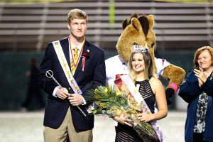 Clayton Brown, mechanical engineering senior, and Shelby Cowman, marketing senior, are declared 2015 Homecoming King and Queen during halftime of MSU vs Texas A&M-Kingsville game, where MSU beat TAMUK 49-41 in Memorial Stadium, Oct, 31. Photo by Francisco Martinez