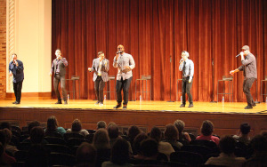 The pop-jazz vocal group, m-pact, performs as part of the Artist-Lecture Series held in Akin Auditorium with 200 in attendance, Nov. 2. Photo by Rachel Johnson