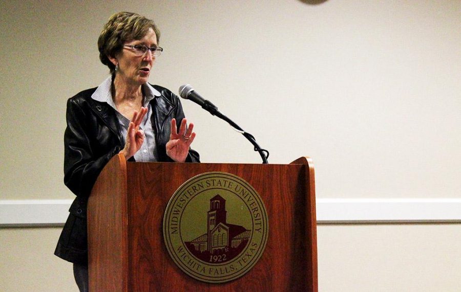 Guest speaker, Suzanne Shipley, University President, spoke about future plans for Midwestern State University at the Student Government Association in CSC Comanche Nov. 17, 2015. Photo by Francisco Martinez