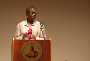 Denise Simmons, educational leadership and technology assistant professor, spoke as one of the guest speakers at the Black Leadership Summit held in CSC Comanche, on April 26. Photo by Makayla Burnham