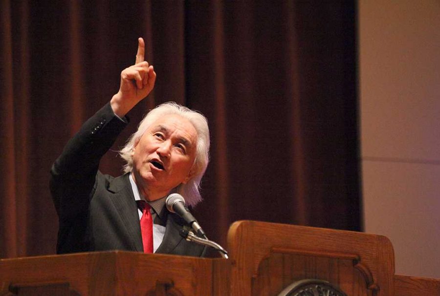 Theoretical physicist Michio Kaku tells a joke to the audience at Akin Auditorium for the last Artist-Lecture Series speaker April 12. Photo by Kayla White.