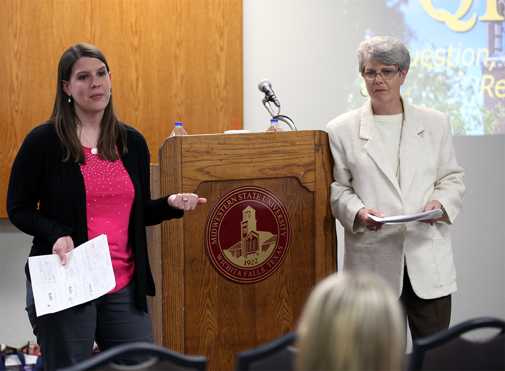 Lori Arnold L.P.C. and Vikki Chaviers L.P.C. introduce the question, persuade, refer suicide training program on April 14, in the Wichita Room in the CSC. Photo by Dewey Cooper