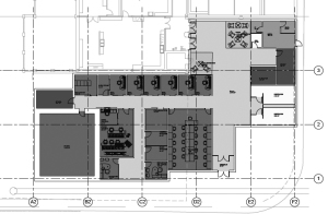 The plans for the first floor of the new mass communication building, anticipated to be completed in summer 2017. The first floor includes space for a six video editing bays,  a broadcast computer lab, broadcast studio, and collaboration spaces
