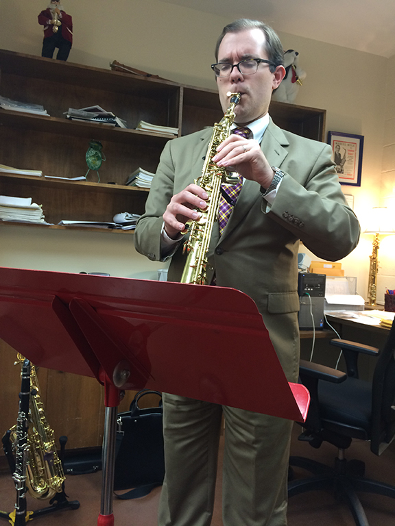 Andrew Allen rehearses on the soprano saxophone for his recital on Oct. 20. Photo by Emily Simmons