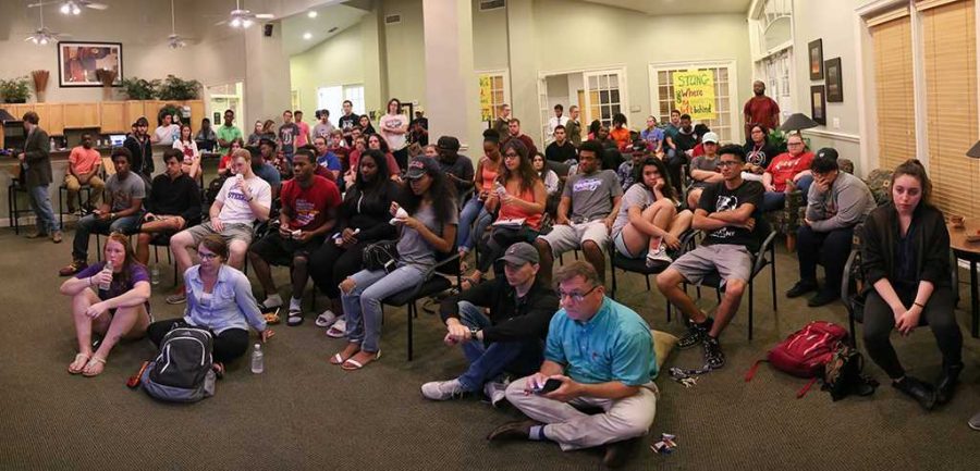 Faculty, staff and students attend the third debate view party in Sunwatcher Clubhouse on Oct. 19. Photo by Izziel Latour.