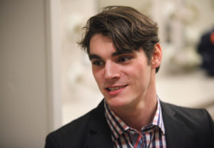 At the second Artist-Lecture Series, R.J. Mitte speaks to students at the Akin Auditorium on the importance of tackling fears, combatting bullying and the stigma behind disabilities, Oct 18. Photo by Bridget Reilly