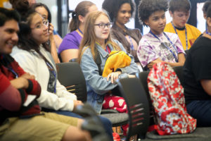 Faith Bradford from Hirschi High School asks a question during Social Media Day. More than 60 students from six area high schools attended the event. Photo by Bridget Reilly