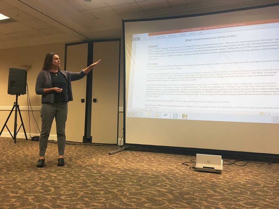 Kristen Garrison, associate vice president of undergraduate education and assessment, speaks to SGA representatives about the FYE plan on Nov. 15. Photo by Kara McIntyre