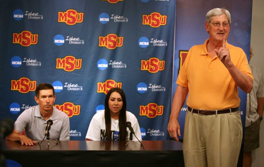 Athletic Director Charlie Carr introduces Brenna Moore, nursing senior, and Jeff Ray, golf coach, at a press conference with Moore discussing her national championship in golf, the first nationalship won by a Midwestern State University athlete. Photo by Bradley Wilson