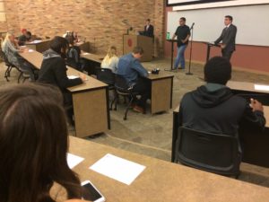 About 70 people attended the student debate Nov. 2 with Marco Torres and Manny Hoffmann discussing election issues. 