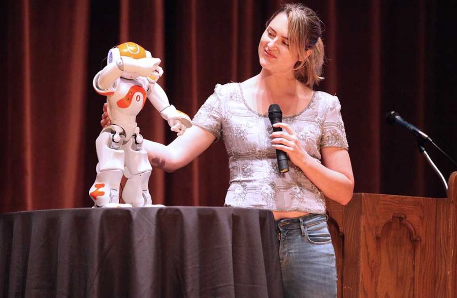 Heather Knight, robotics engineer, has Ginger the Robot greet audience members and give a short monologue. Knight said that Ginger officiated her first wedding this past weekend. Photo by Kara McIntyre