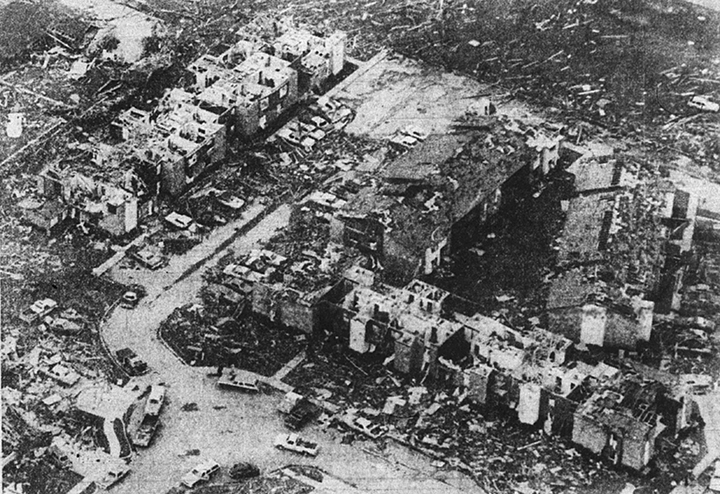 Torando cut wide path of destruction throug Wichita Falls homes and apartments. Dallas Times Herald photo by Mark Perlstein