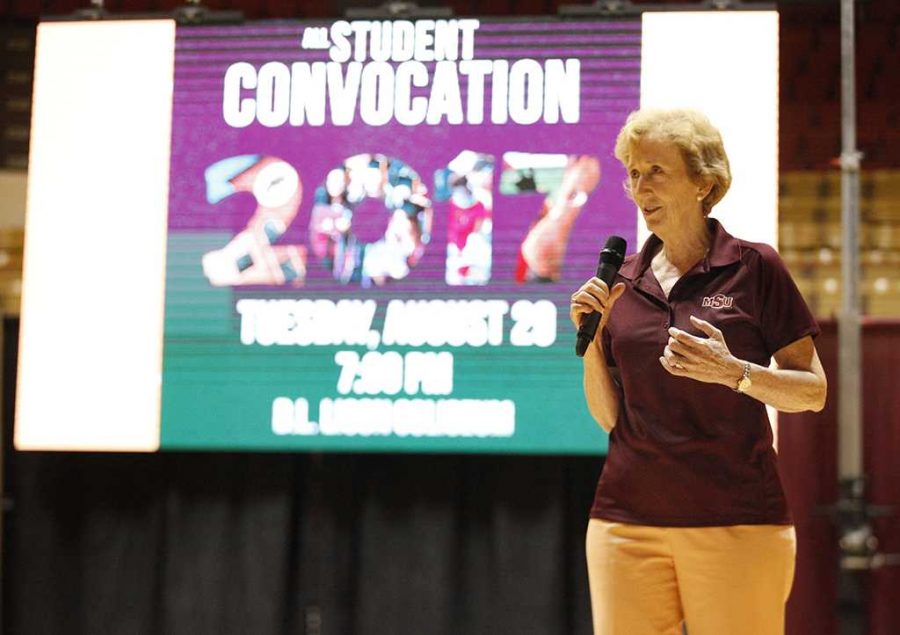 University President Suzanne Shipley gives a motivational speech about Carpe Diem and how we need to use the events that are happening at the universities further south that have been effected by Hurricane Harvey and that we should seize the moment since others students arent getting to. Photo by Rachel Johnson