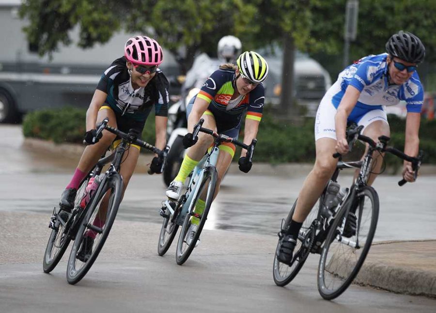 Brissia Montalvo, exercise physiology graduate student, rounds the last turn of the track during the crit race during the HotterN Hell 100 Aug. 25. Photo by Rachel Johnson
