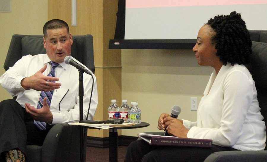 Patrick Coggins, MSU chief of police, talks to Syreeta Greene, director of the Office of Equity, Inclusion & Multicultural Affairs, about immigration and law enforcement for the Critical Conversation Series held in the Legacy Multipurpose Room on Sept 18. Photo by Marissa Daley
