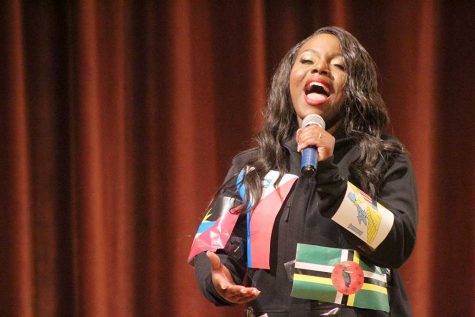 Valandra Jno Marie, freshman management, hits high notes during the talent portion on the 2017 Mr. and Mrs. Caribfest in Akin Auditorium on Sept 28. 2017 Photo by Marissa Daley