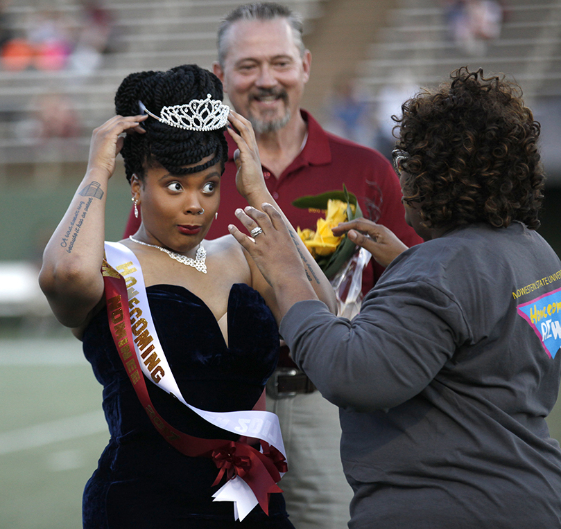 Jaylon Williams, sociology senior, gets crowned homecoming queen during halftime of the MSU vs West Texas A&M game at Memorial Stadium, MSU won 45-3, Saturday Oct. 21, 2017. Photo by Francisco Martinez