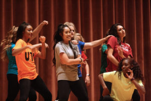 Midwestern State Cheerleaders performing at Lip Sync in the Akin Auditorium. 24 Oct. Photo by Bridget Reilly