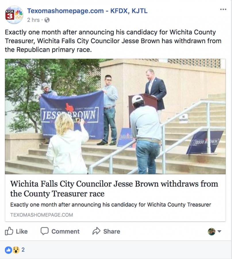 KFDX3 News reports Jesse Brown has suspended his candidacy from the county treasurer position on Nov. 10, 2017