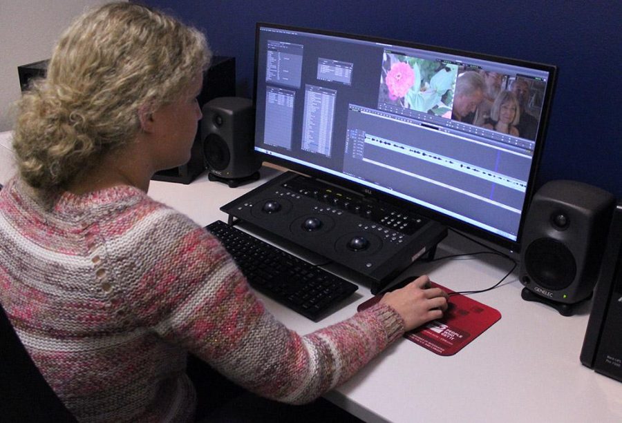 Haleigh Wallace, mass communication senior, works in the broadcast department editting bay on her and her groups senior production final video project that is due Monday, Dec. 10, 2017. Wallaces groups 15 minute documentary is titled Mom: Mother of Many  and her group members include Hanna Heuring, Kara McPherson, and Noah Fazekas. Photo by Rachel Johnson